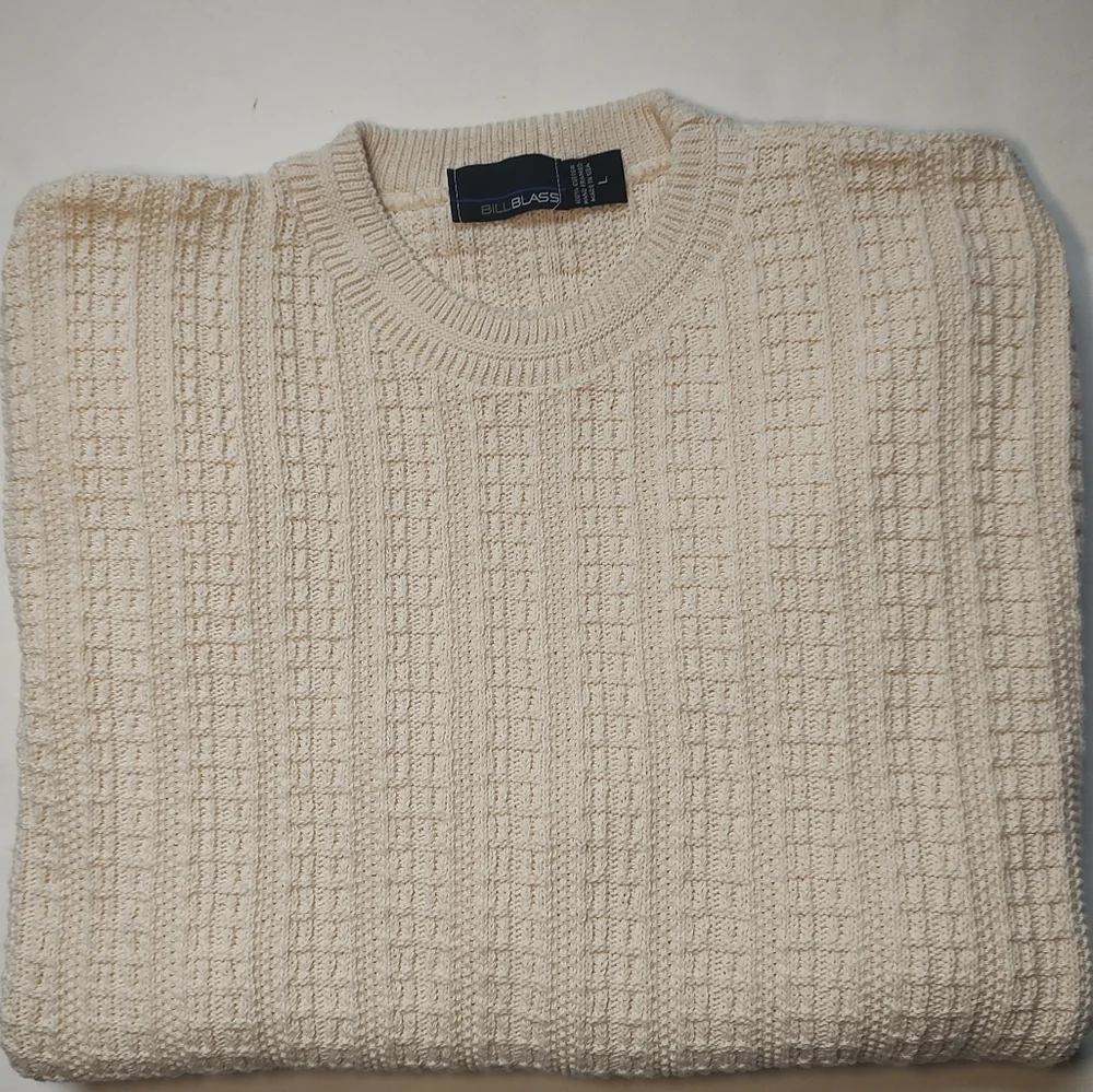 Bill Blass Vintage Sweater Men Cotton Cream Pullover Knit Crew Neck USA Ivory L - Picture 6 of 16